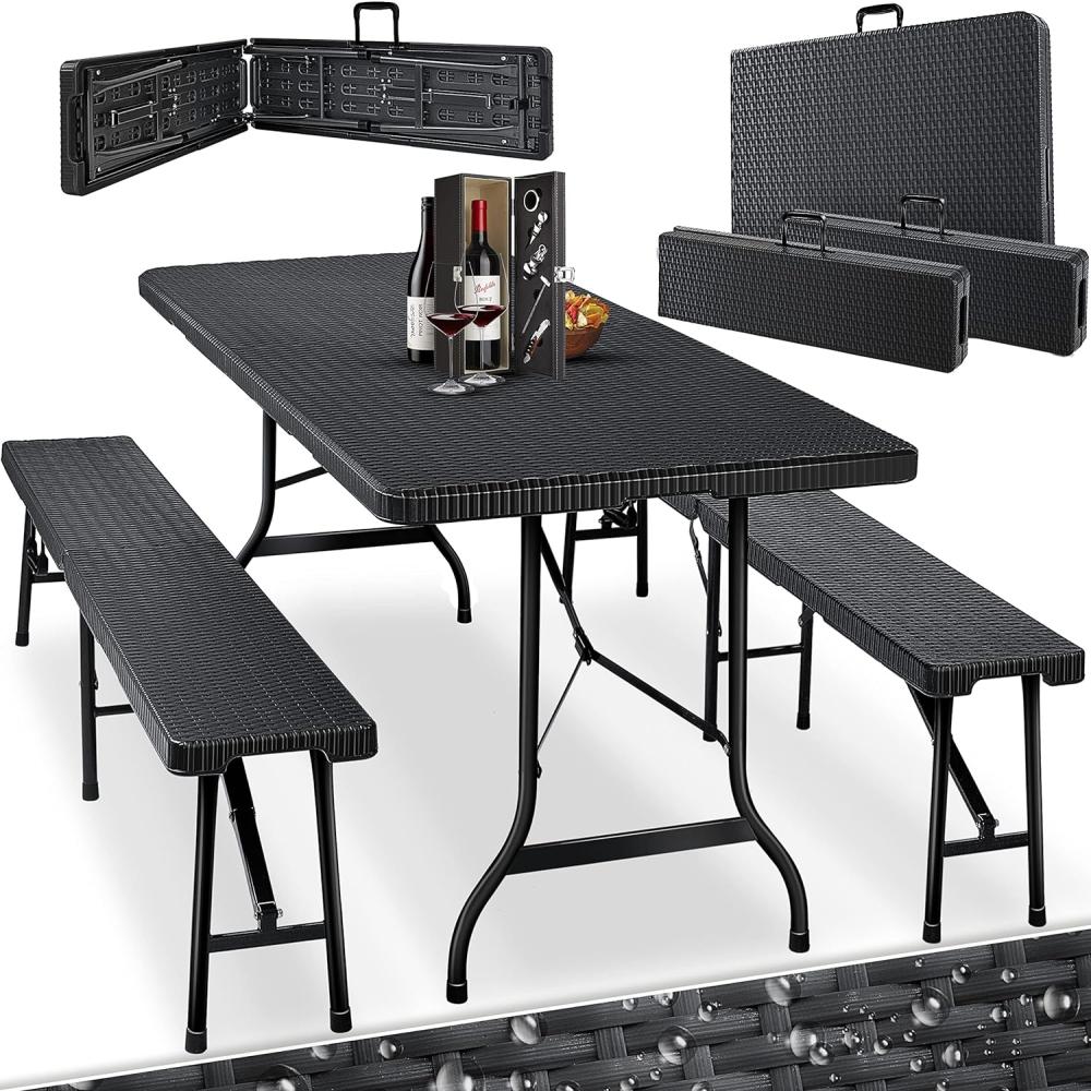 KESSER® Bierzeltgarnitur - 3-teilig Set, Tisch + 2 x Bank, für drinnen - draußen, klappbar, Tragegriffe, HxBxT: 73x180x75 cm , Kunststoff, Rattan-Look Gartengarnitur , Klapptisch , Gartentisch Schwarz, Rattan Bild 1