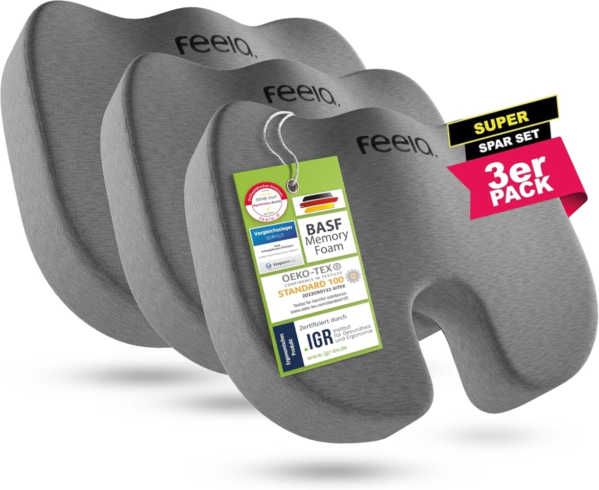 feela.® Orthopädisches Sitzkissen [3 Härtegrade] - Ergonomisches Sitzkissen für Bürostuhl & Co - Wirkt Schmerzreduzierend, Erhöht Sitzkomfort, und Entlastet das Steißbein (3er Set, Soft) Bild 1