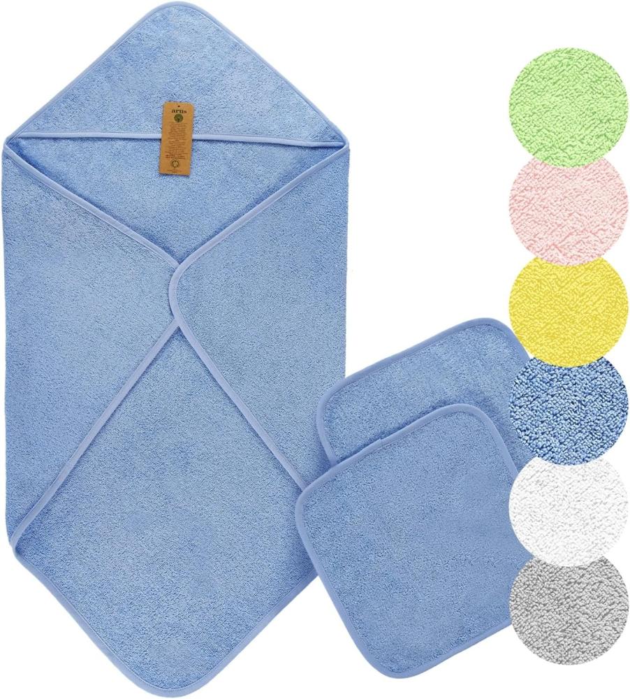 Arus Baby-Kapuzenhandtuch-Set aus Bio-Baumwolle mit 2 Baby-Waschlappen, Hellblau, 90 X 90 cm Bild 1