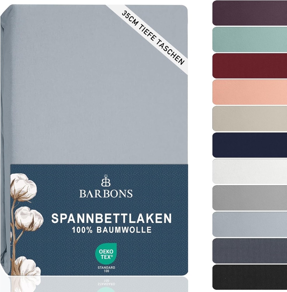 BARBONS Spannbettlaken 140x200 cm - 100% Baumwolle Spannbettlaken, Oeko-TEX Zertifiziert, Bettlaken Jersey, Spannbetttuch, Matratzenhöhe bis 25 cm (Hellblau - 140x200) Bild 1