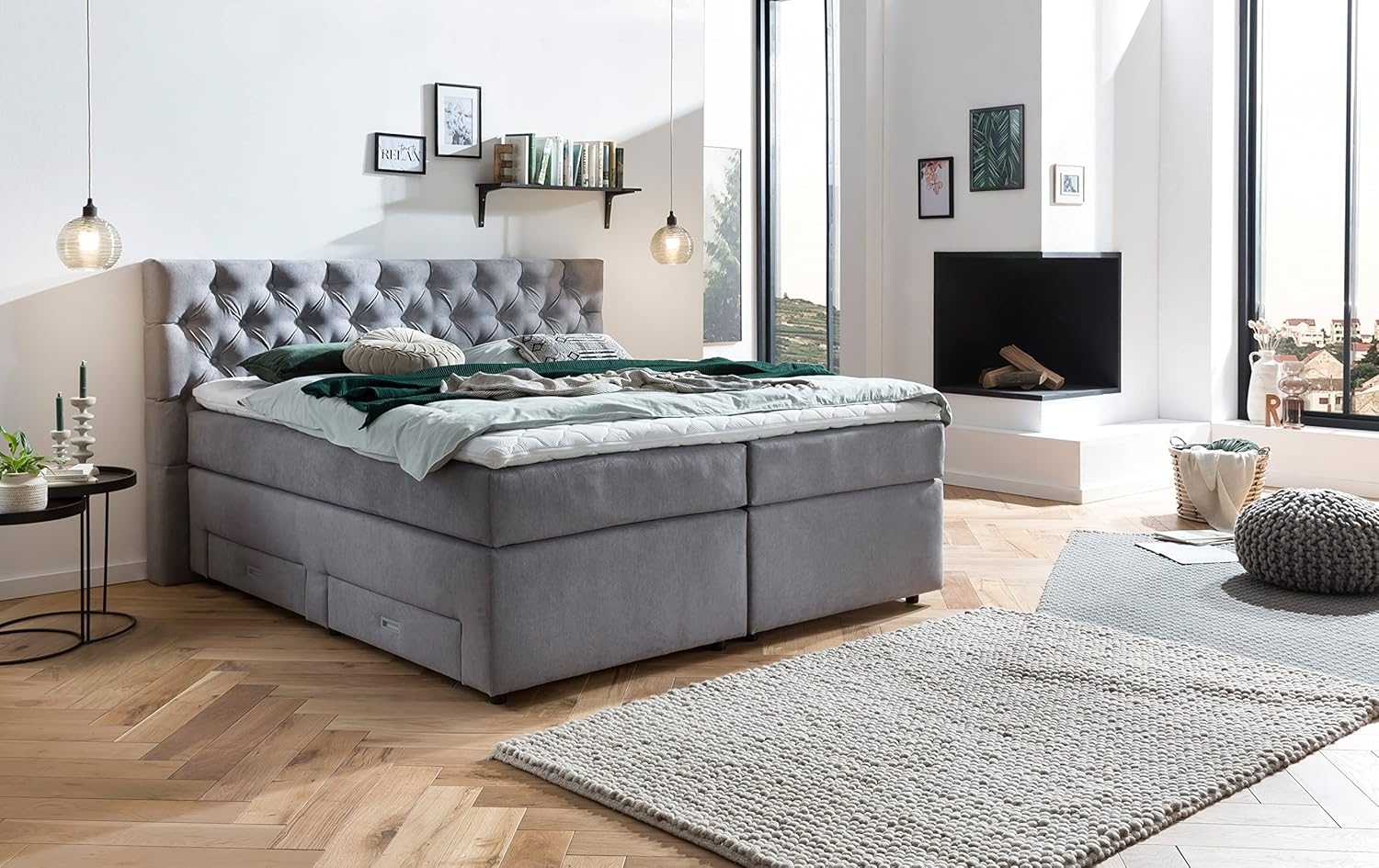 Belanoti Boxspringbett Lara (Boxspringbett 160x200 mit vier Schubladen Stauraum, 7-Zonen Taschenfederkern Matratze inklusive Visco Topper), Bett 160x200 mit Bettkasten in der Farbe Hellgrau H2/H3 Polsterbett Bild 1