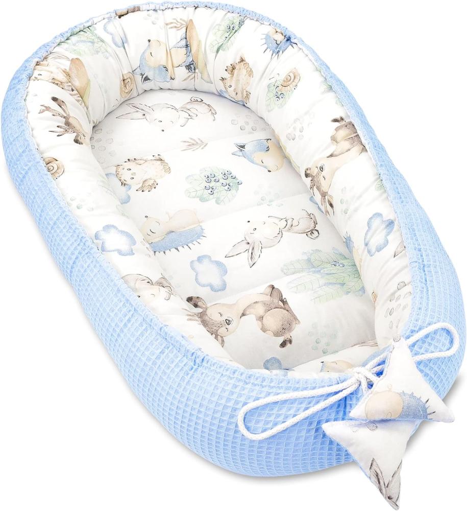 Babynest Neugeborene Nestchen Baby 90x50 cm - Kokon Handmade zweiseitig aus Baumwolle Waffel mit Babynestchen Tiere Blau Bild 1