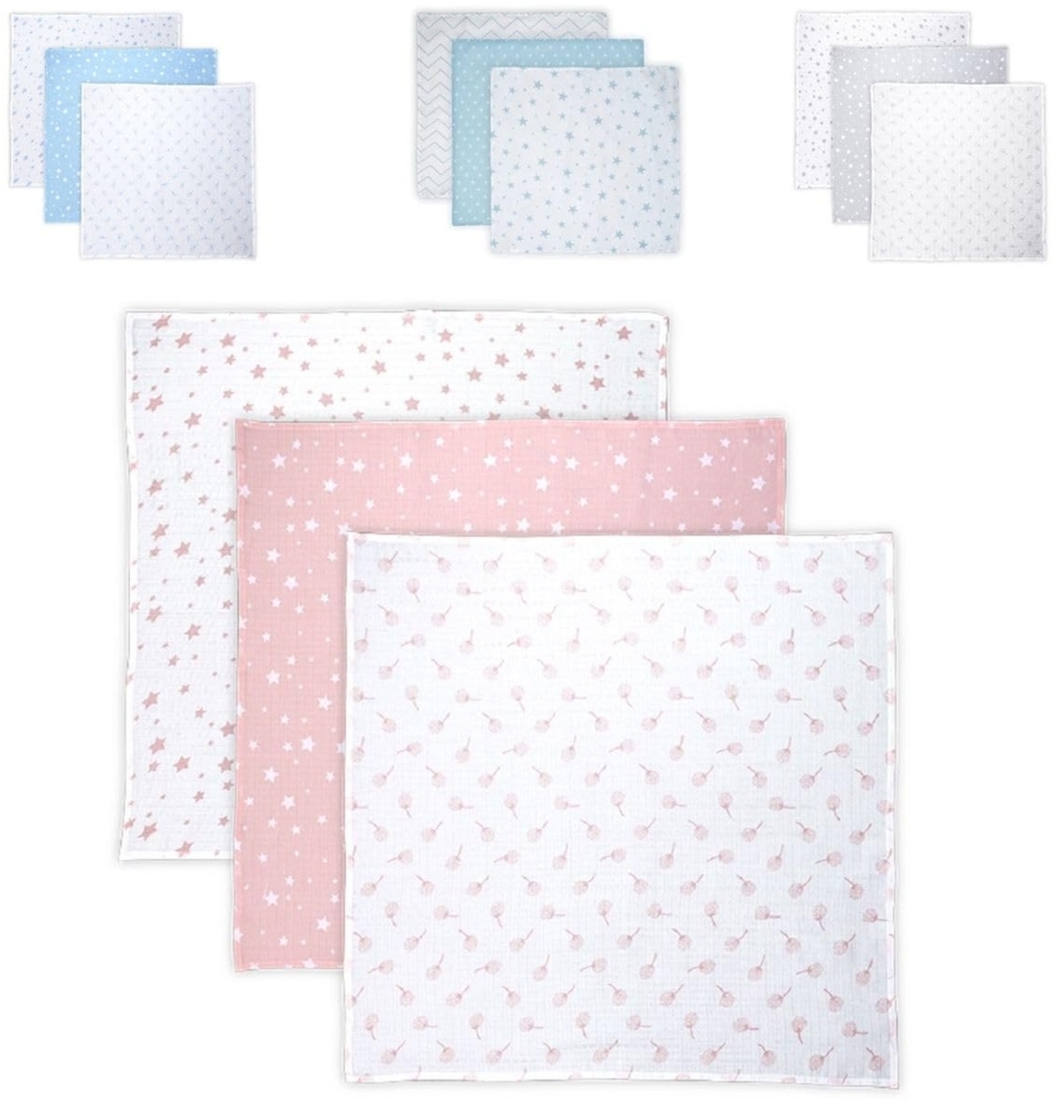 Lorelli Wickeldecke, Babydecke Trio, Größe 80 x 80 cm, 3er Set, 100% Baumwolle rosa weiß Bild 1