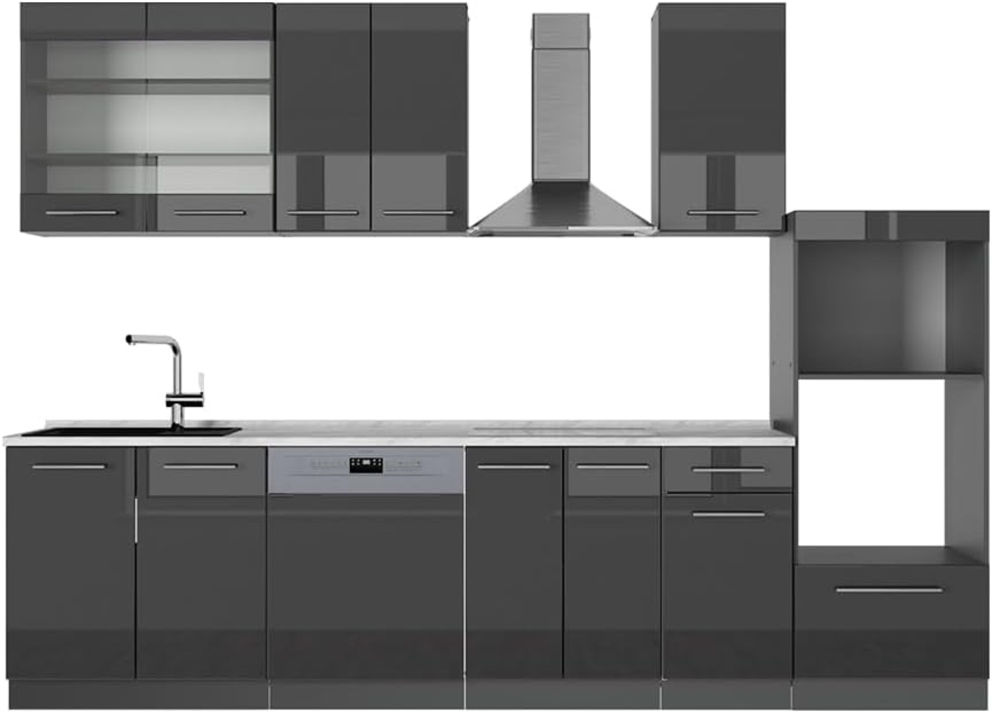 Küchenzeile Fame-Line Anthrazit Hochglanz 300 cm mit Hochschrank, AP Marmor Vicco Bild 1