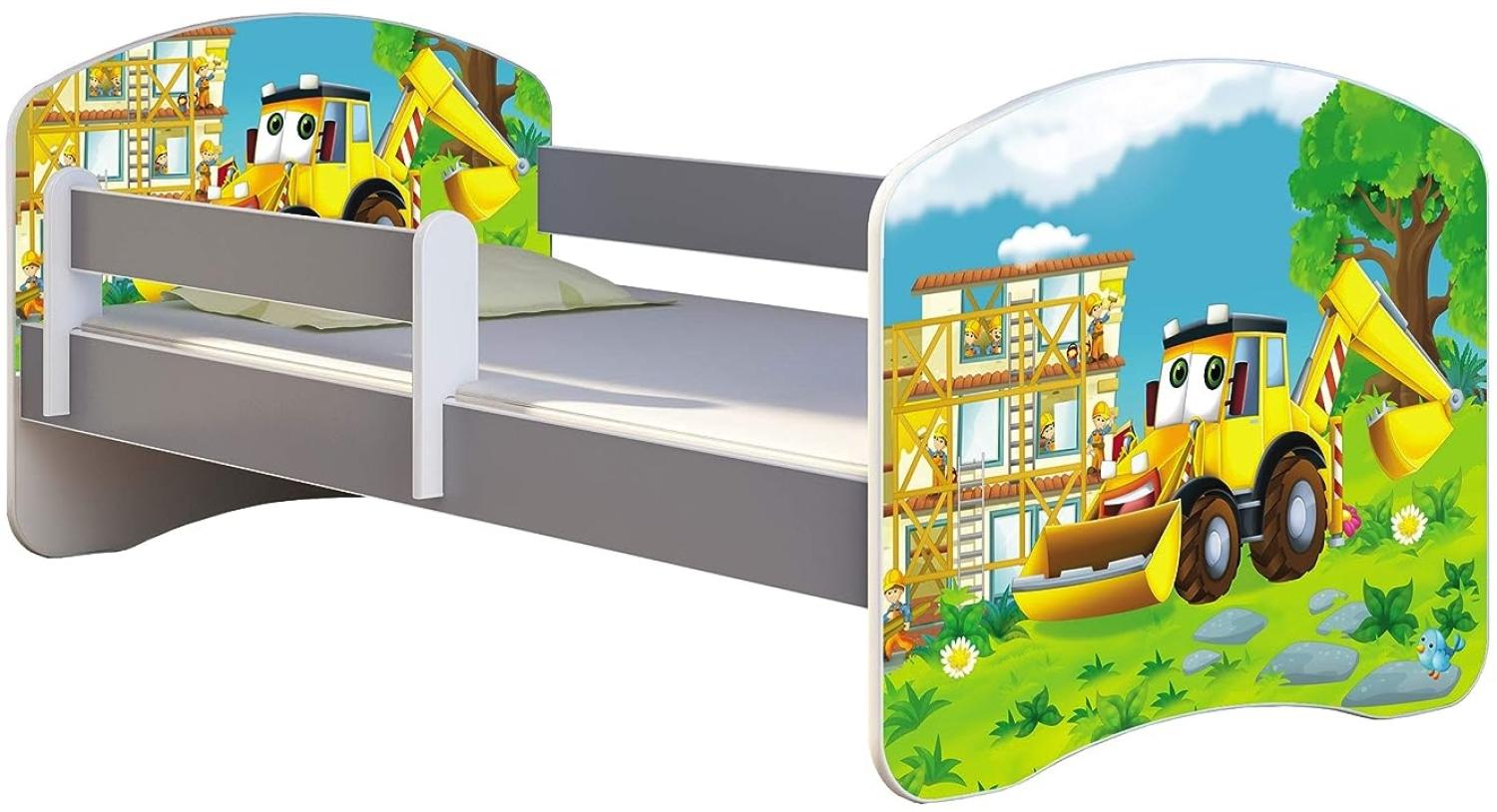 ACMA Kinderbett Jugendbett mit Einer Schublade und Matratze Grau mit Rausfallschutz Lattenrost II (20 Bagger, 140x70) Bild 1