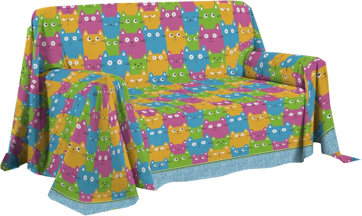 PENSIERI DELICATI Sofaüberwurf 250x290 cm, hergestellt in Italien, Überwurf aus 100% Reiner Baumwolle, Muster Happycat, Mehrfarbig, ideal als Überwurf oder Tagesdecke für den Sommer (Doppelbett) Bild 1