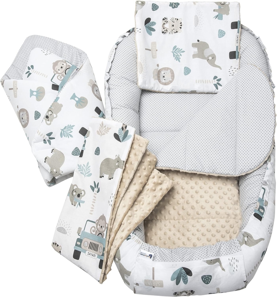 Medi Partners 5 teilig Babynestchen Set Babynest 100 x 60 x 15 herausnehmbarer Einsatz Bett Kuschelnest Krabbeldecke Babys Neugeborene 100% Baumwolle (Mint Zoo mit beige Minky) Bild 1