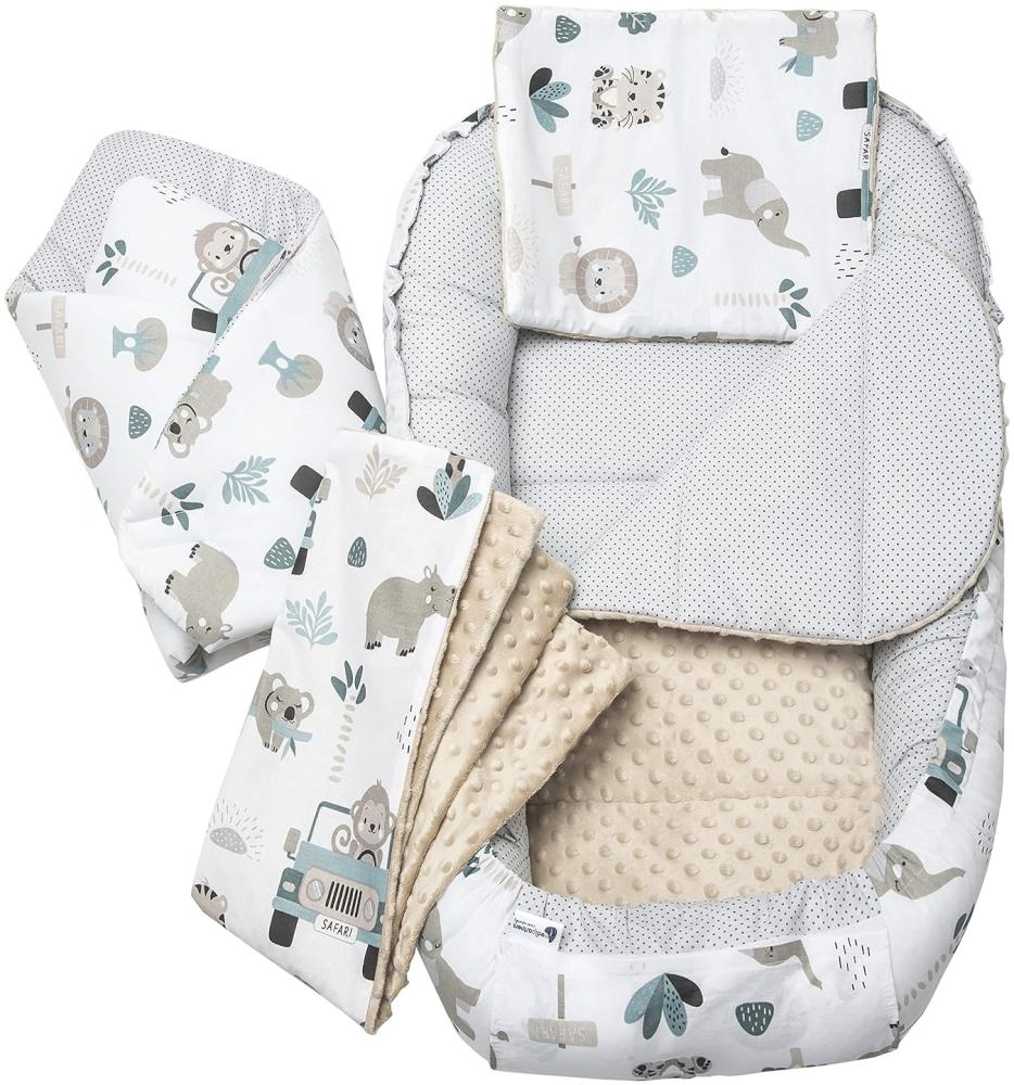 Medi Partners 5 teilig Babynestchen Set Babynest 100x60x15 herausnehmbarer Einsatz Bett Kuschelnest Krabbeldecke Babys Neugeborene 100% Baumwolle (Mint Zoo mit beige Minky) Bild 1