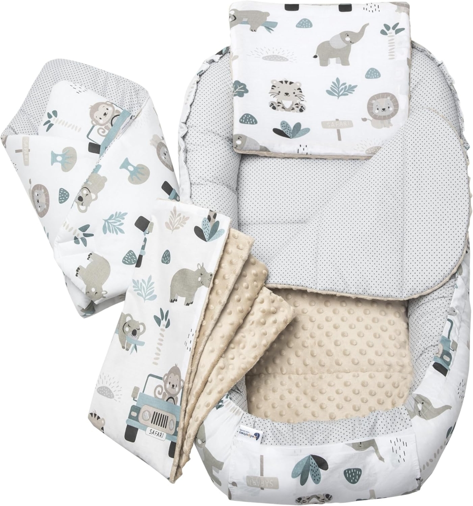 Medi Partners 5 teilig Babynestchen Set Babynest 100 x 60 x 15 herausnehmbarer Einsatz Bett Kuschelnest Krabbeldecke Babys Neugeborene 100% Baumwolle (Mint Zoo mit beige Minky) Bild 1