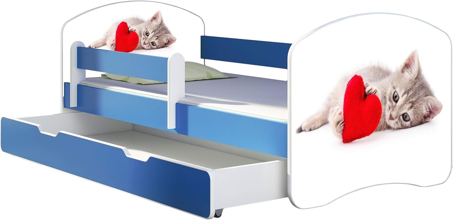 ACMA Kinderbett Jugendbett mit Einer Schublade und Matratze Blau mit Rausfallschutz Lattenrost II 140x70 160x80 180x80 (40 Katze mit Herz, 160x80 + Bettkasten) Bild 1
