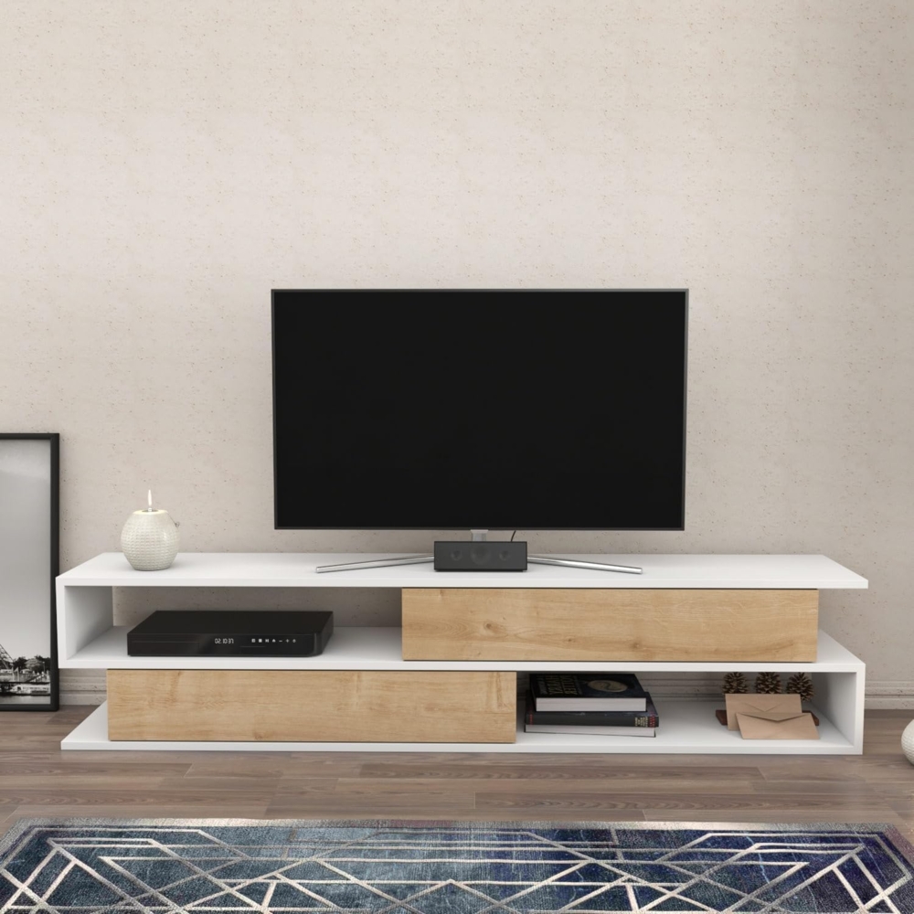 Hanah Home Scandinavian TV Stand, White & Oak, 160 x 35.3 x 38.6 cm | 100% Melamine Coated Particle Board, 18 mm Thick | Stylish & Functional Design for Modern Living Rooms Bild 1