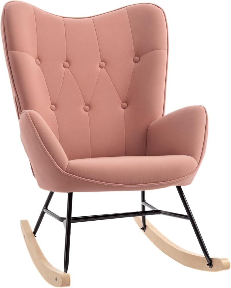 HOMCOM Schaukelstuhl mit Stahlrahmen gepolstert Relax Stuhl Sessel Stuhl Wohnzimmersessel Lounge mit gepolsterter Sitzfläche samtartiges Polyester Gummiholz Metall Rosa+Natur 84 x 70 x 96 cm Bild 1