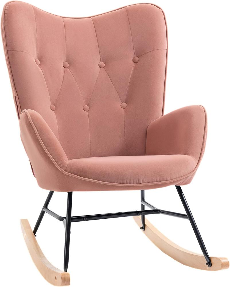 HOMCOM Schaukelstuhl mit Stahlrahmen gepolstert Relax Stuhl Sessel Stuhl Wohnzimmersessel Lounge mit gepolsterter Sitzfläche samtartiges Polyester Gummiholz Metall Rosa+Natur 84 x 70 x 96 cm Bild 1