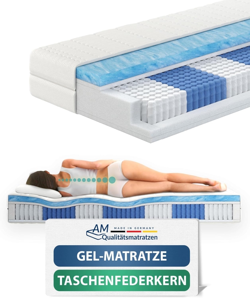 AM Qualitätsmatratzen - Premium Gelschaum-Matratze 100x200 cm H2-1000 Federn - Taschenfederkernmatratze Gelschaum 100x200-6 cm Gelschaum-Auflage - 24cm Höhe - Made in Germany 90x200 cm H3 Bild 1