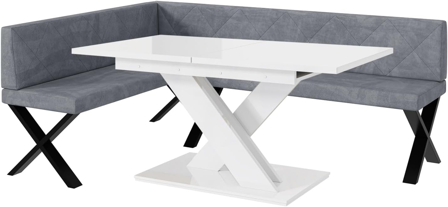 MEBLINI Eckbank für Esszimmer mit ausziehbarem Tisch - Küchenbank - Essecke - Sitzecke Küche - ERIC - X-Beine 142x196x87cm Links - Grau Samt/B Weiß Hochgl. Bild 1