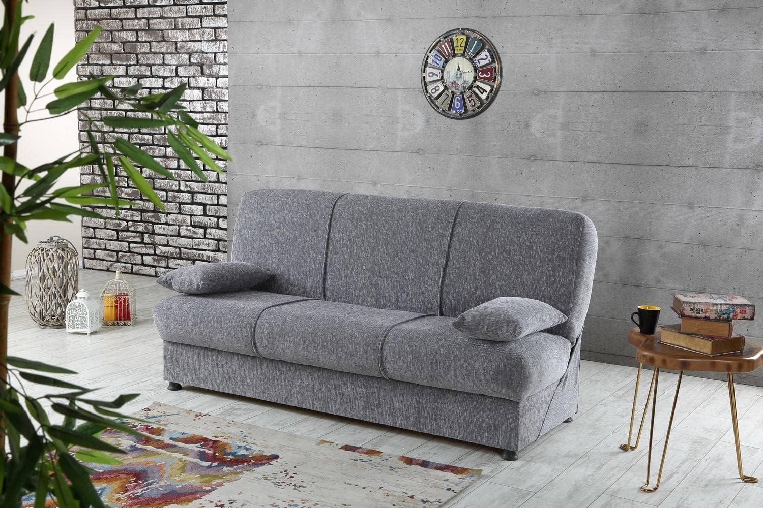 Dmora Alvaro, 3-Sitzer-Schlafsofa mit 2 Kissen inklusive, Wohnzimmer-Sofa aus gepolstertem Stoff mit klick-Klack-Öffnung, 180 x 81 x 90 cm, Grau Bild 1