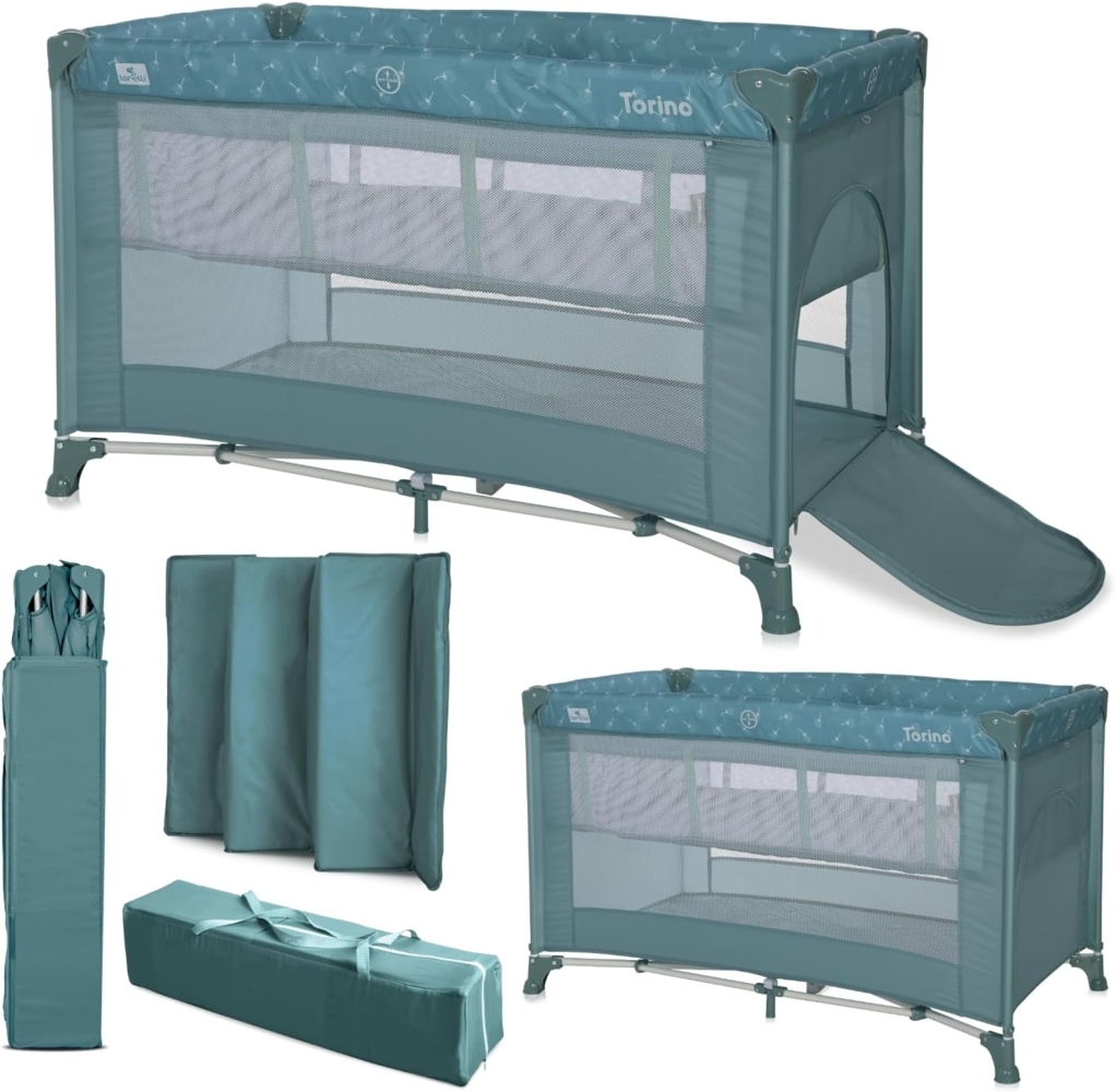 Lorelli Reisebett Torino 2 Ebenen faltbar seitliche Öffnung Tragetasche Matratze grün Bild 1