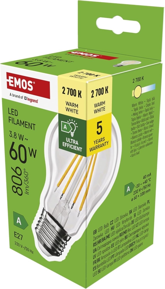 EMOS - LED-Lampe Filament A60 - A Klasse Vintage-Glühbirne - E27 Sockel - warmweiß - 806 lm - extra-sparsam, 3,8W (statt 60W Glühbirne) - 50 000 Stunden - Winkel 300 ° - CRI min. 80 Bild 1