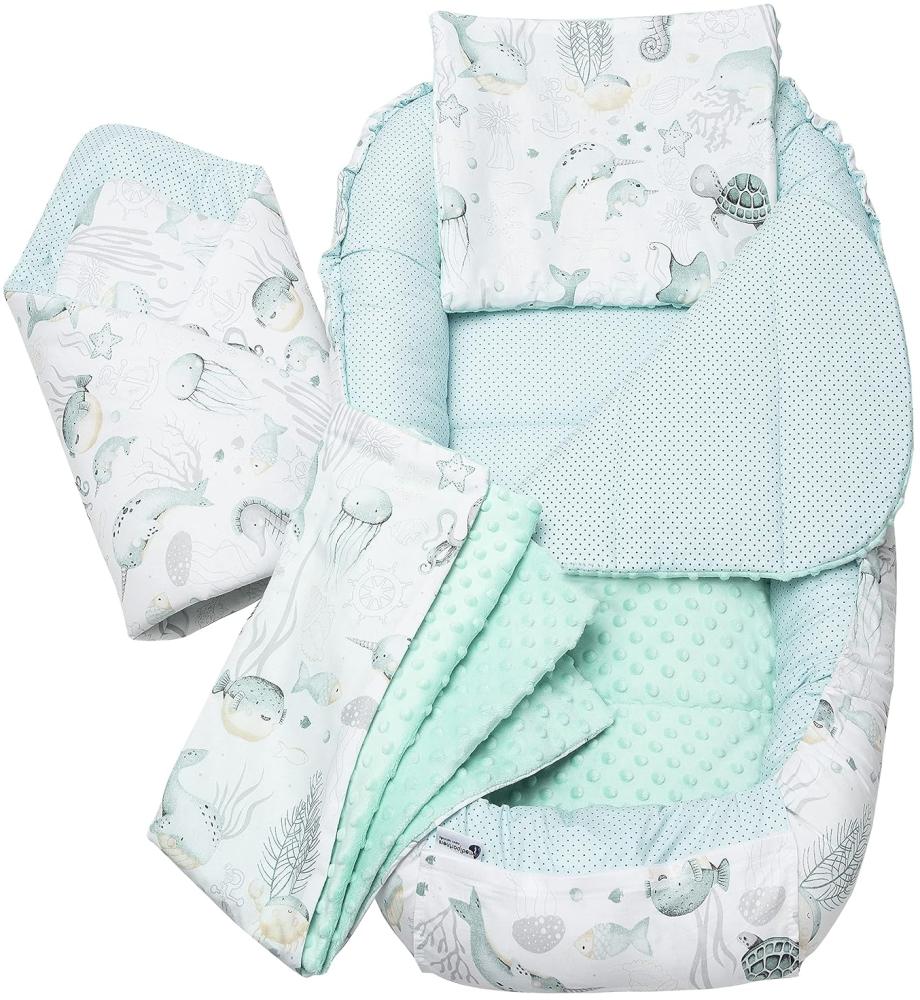 Medi Partners 5 teilig Babynestchen Set Babynest 100x60x15 herausnehmbarer Einsatz Bett Kuschelnest Krabbeldecke Babys Neugeborene 100% Baumwolle (Ozean mit Minze Minky) Bild 1