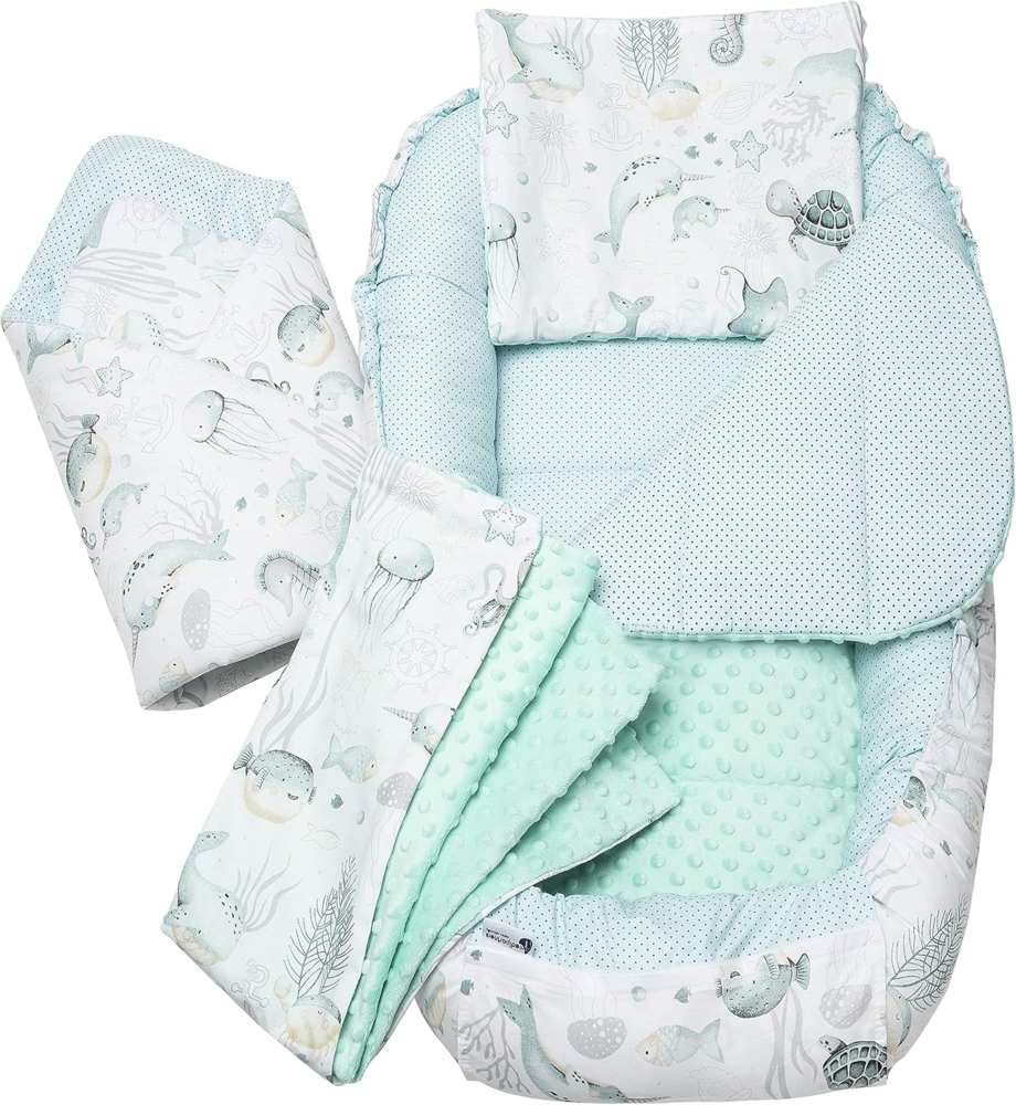 Medi Partners 5 teilig Babynestchen Set Babynest 100 x 60 x 15 herausnehmbarer Einsatz Bett Kuschelnest Krabbeldecke Babys Neugeborene 100% Baumwolle (Ozean mit Minze Minky) Bild 1