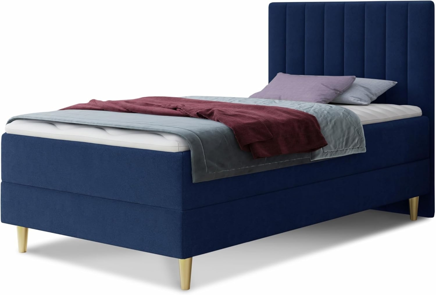 Boxspringbett Gold Mini mit Bettkasten, Bonell-Matratze und Topper - Einzelbett mit Matratzentopper, Polsterbett, Bett, Schlafzimmer, Jugendzimmer, Velours Stoff (Blau (Manila 26), 100x200 cm) Bild 1