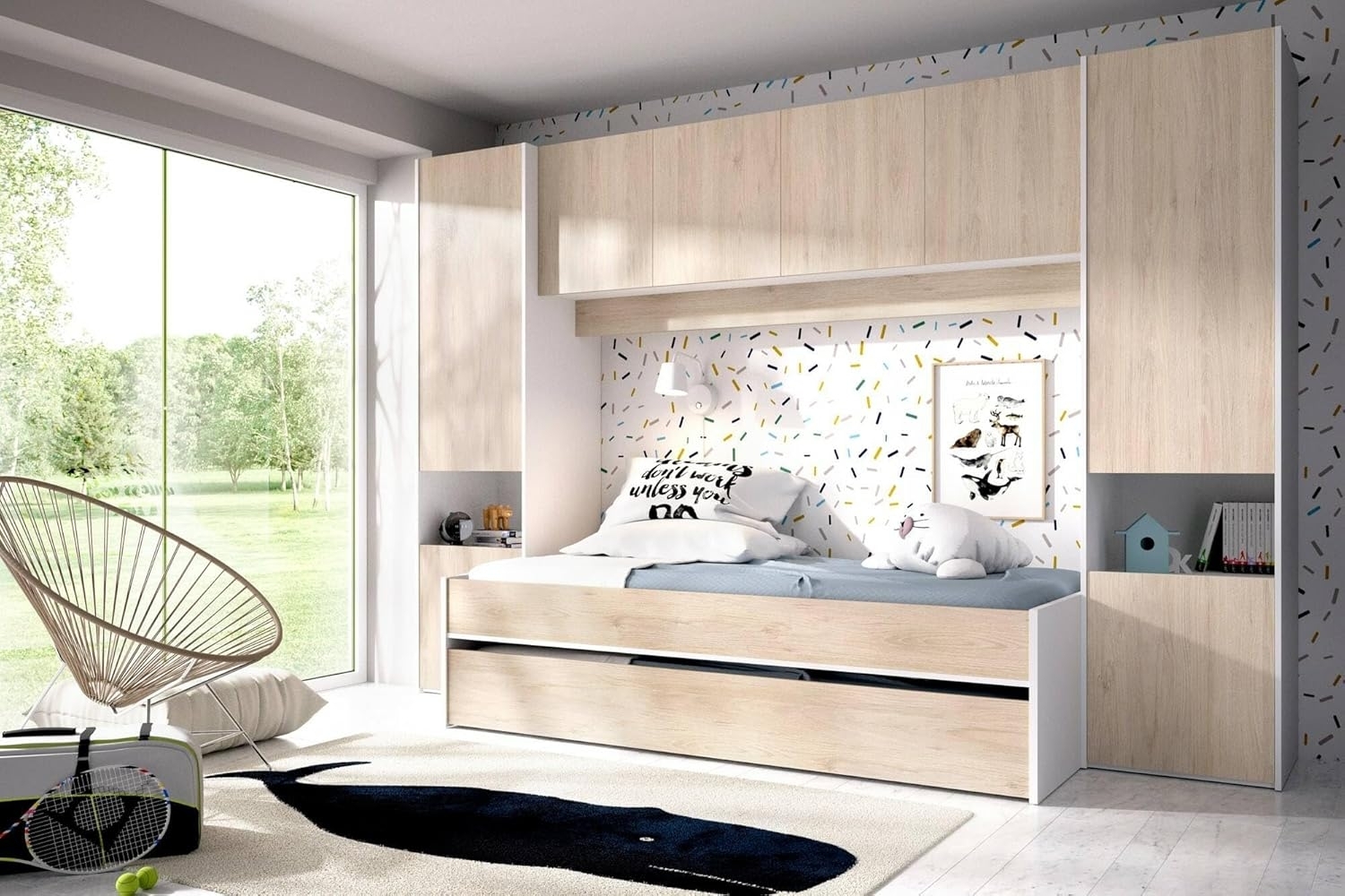 Dmora - Kinderbett Venturosa, Komplettes Schlafzimmer mit Bridge-Kleiderschrank und Kommode, Komposition mit Bett und Einzelausziehbett, 303 x 97 x 203 cm, Eiche und Weiß Bild 1