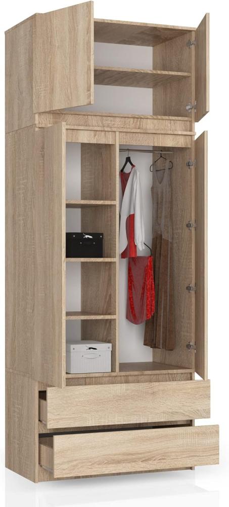 BDW Kleiderschrank 4 Türen, 4 Einlegeböden, Kleiderbügel, 2 Schubladen Kleiderschrank für das Schlafzimmer Wohnzimmer Diele 234x90x51cm (Eiche Sonoma) Bild 1