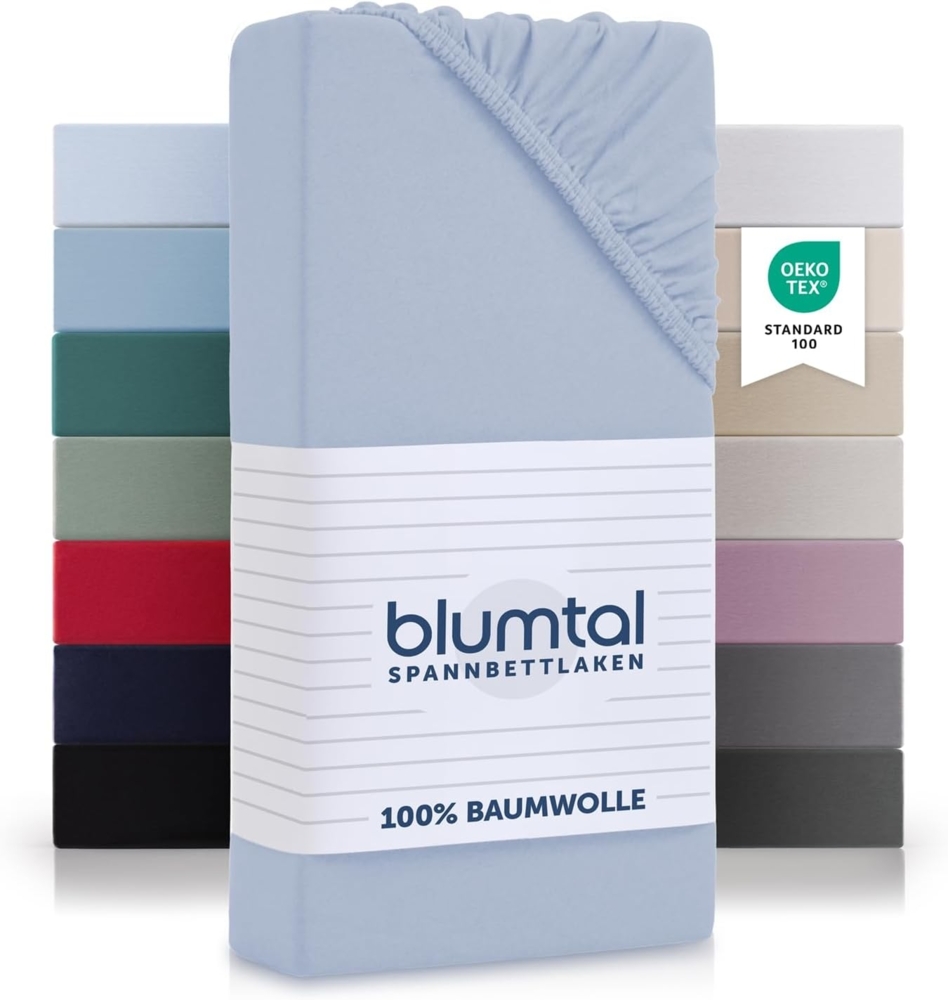 Blumtal® Basics Spannbettlaken 140x200 cm Jersey - Spannbettlaken 140x200 cm Baumwolle - Oeko-TEX zertifiziertes Spannbetttuch 140x200 cm - Bettlaken 140x200 Baumwolle- Leintuch 140x200 - Hellblau Bild 1