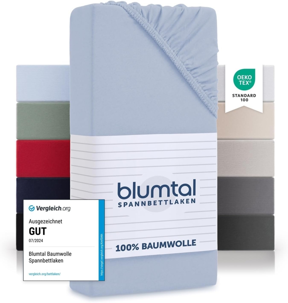 Blumtal® Basics Spannbettlaken 140x200 cm Jersey - Spannbettlaken 140x200 cm Baumwolle - Oeko-TEX zertifiziertes Spannbetttuch 140x200 cm - Bettlaken 140x200 Baumwolle- Leintuch 140x200 - Hellblau Bild 1