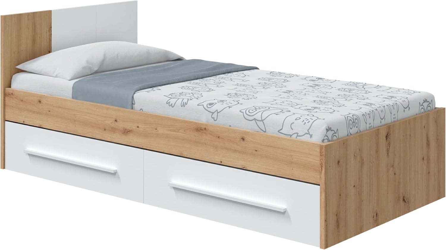 Habitdesign Einzelbett mit 2 Schubladen, Jugendbett, Kinderbett, Modell Noa, Artik und Eiche, Maße: 196 cm (Länge) x 97 cm (Breite) x 77 cm (Höhe) Bild 1