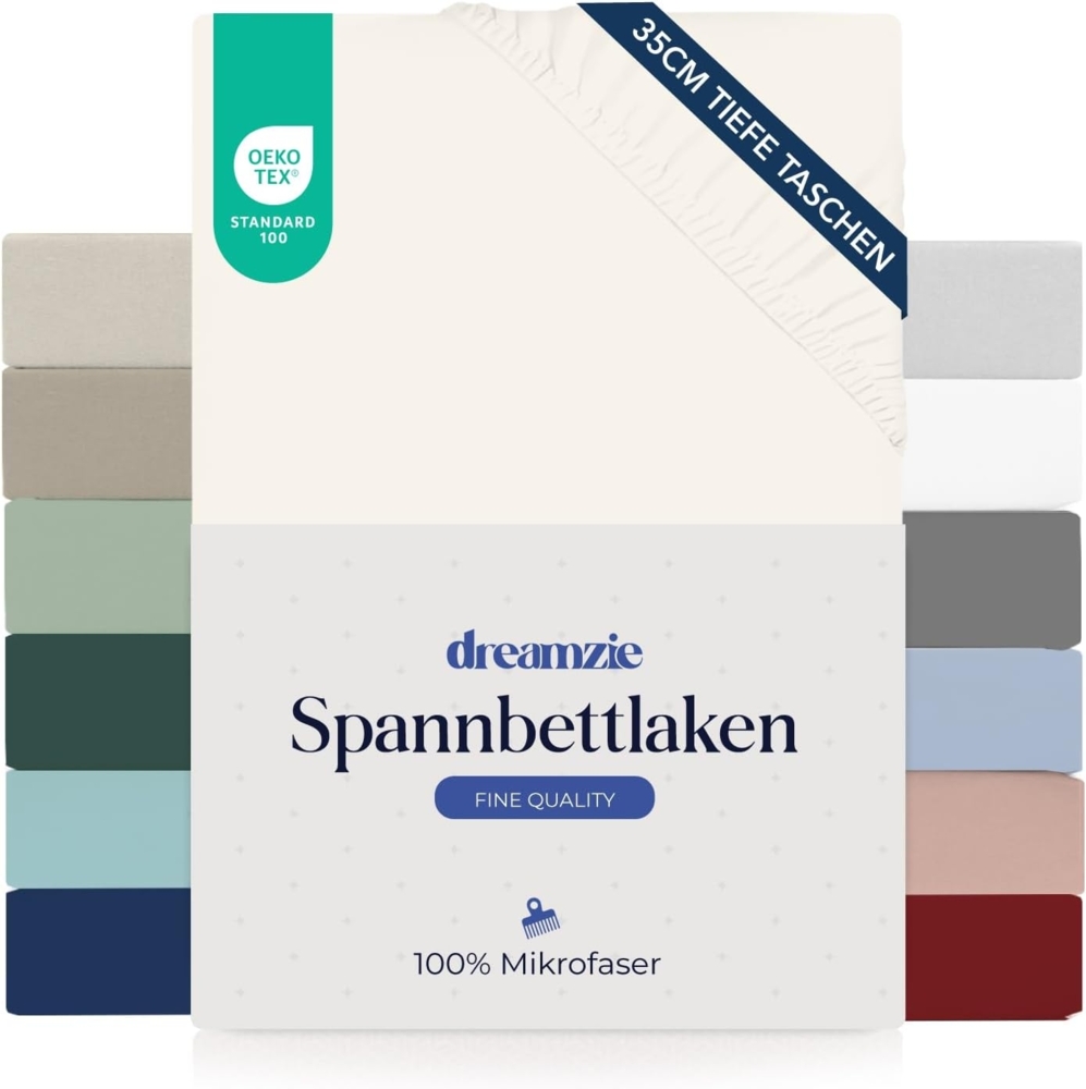 Dreamzie Spannbettlaken 120x200 cm - 35 cm Tiefe Tasche - 100% Mikrofaser Bettlaken - Elfenbein, Schadstoffgeprüft(Oeko TEX), Bettlaken mit Gummizug Bild 1