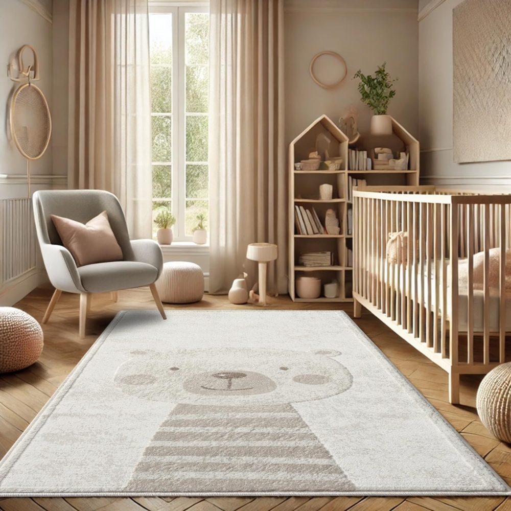 Teppich Kinderzimmer 160x230cm - Pastell Beige Creme - Kurzflor Spielteppich mit niedlichem Bär Motiv Bild 1