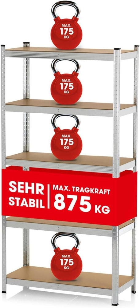 EASYmaxx Schwerlastregal 180x90x40 cm | 875 kg Traglast, 175 kg pro Ebene | Regal und Werkbank | Kellerregal, Lagerregal mit 5 verstellbaren Ablagen | Für Keller, Garage, Hobbyraum, Werkstatt Bild 1