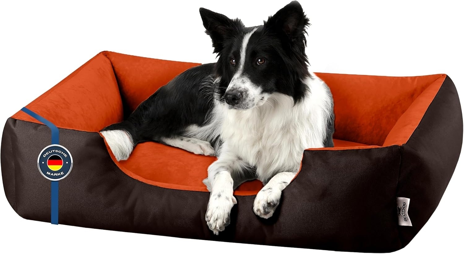 BedDog Hundebett LUPI, Hundesofa aus Cordura, Microfaser-Velours, waschbares Hundebett mit Rand, Hundekissen vier-eckig (L) ca. 80x65x18cm, SUNSET (braun/orange) Bild 1