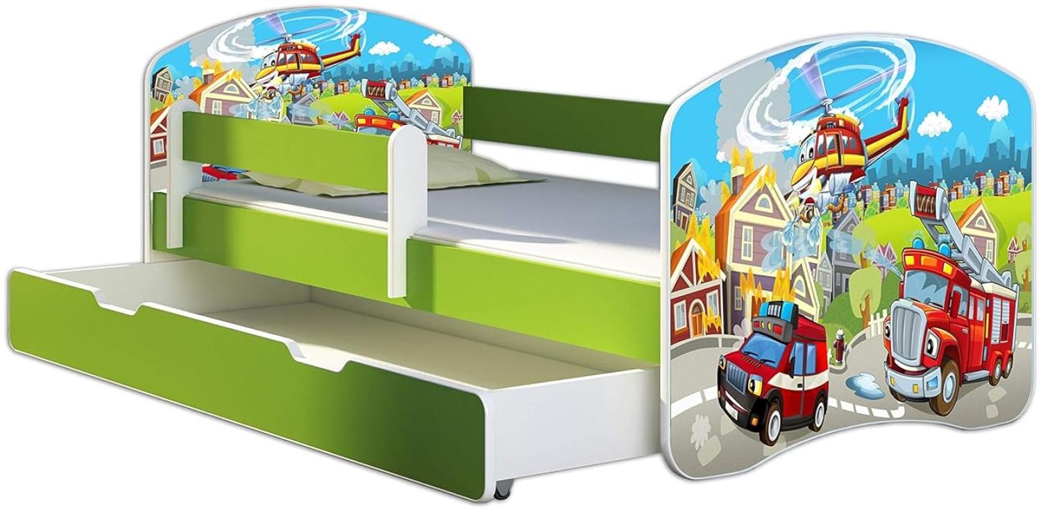 ACMA Kinderbett Jugendbett mit Einer Schublade und Matratze Grün mit Rausfallschutz Lattenrost II 140x70 160x80 180x80 (36 Feuerwehr, 180x80 + Bettkasten) Bild 1