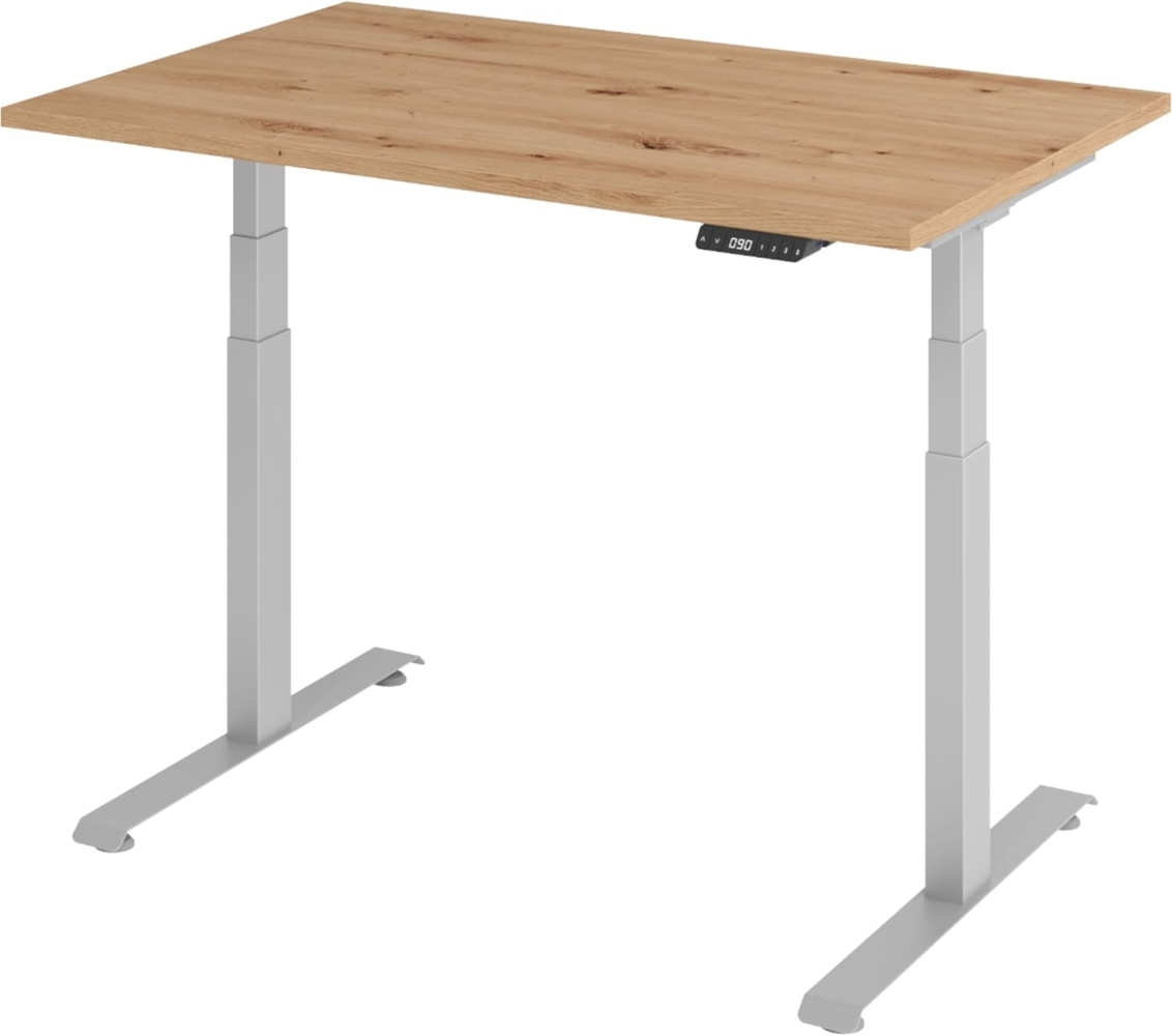 bümö höhenverstellbarer Schreibtisch 120 x 80 cm in Asteiche, Gestell silber - Höhenverstellbar Elektrisch Stehpult mit 3-fach Speicher, Computertisch, Ergonomischer Steh-Sitz Tisch, Bürotisch, LXK65-12-R-S Bild 1