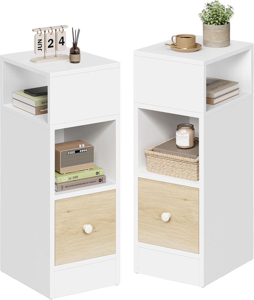 EUGAD 2er Set Nachttische schmal mit 2 offenen Ablagen 1 Schublade, schmaler Kleiner Nachtschrank im Schlafzimmer, 25 x 66 x 30 cm, Nachtkästchen Platzsparend, aus Holzwerkstoff, Weiß Eiche, 0011CTG-2 Bild 1