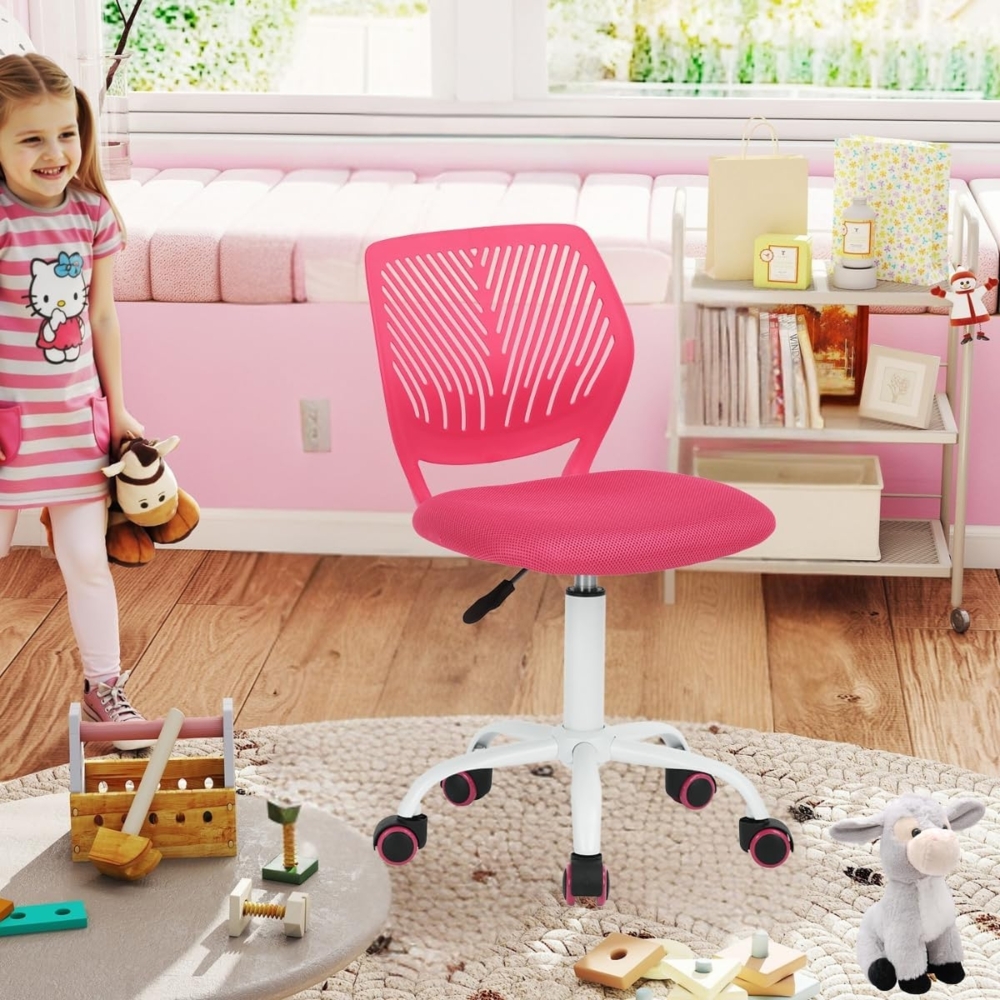 FurnitureR Kinder Schreibtischstuhl, Verstellbarer Höhendrehstuhl mit kleinem Loch Rückenlehne Design, geeignet für Kinderzimmer oder Arbeitszimmer, Rosa Bild 1