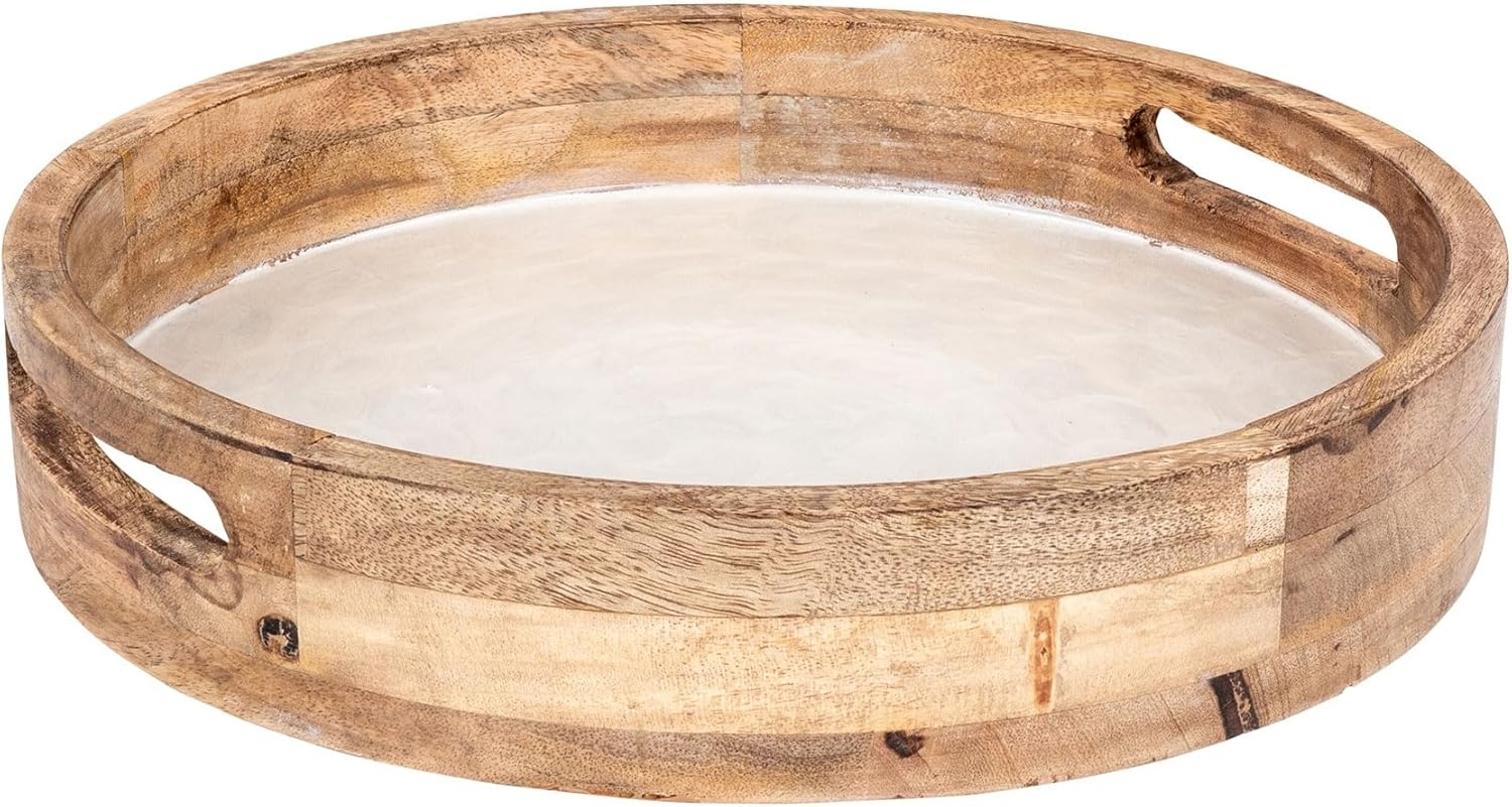 Levandeo® Dekotablett, Tablett 35cm Rund Mango Holz Creme Perlmutt Emaille Ablage Bild 1