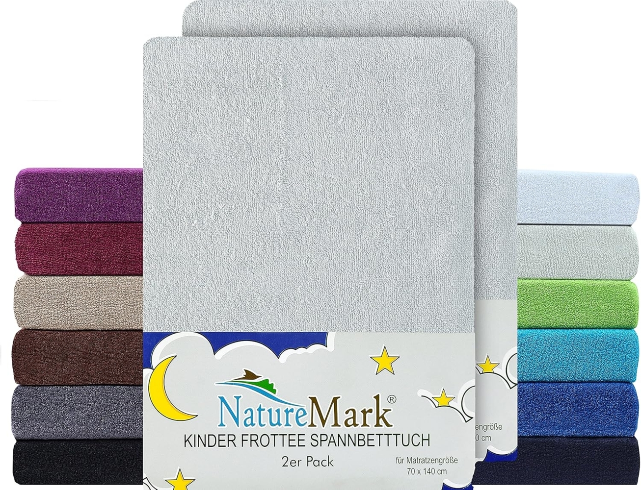 NatureMark Spannbettlaken Frottee Spannbettlaken, 80% Baumwolle / 20% Polyester, Gummizug: rundum, (2 Stück), 2er Set Kinder Spannbettlaken Frottee, Spannbetttuch 80% Baumwolle / 20% Polyester, für Babybett und Kinderbett, 70x140 cm - Silber grau Bild 1