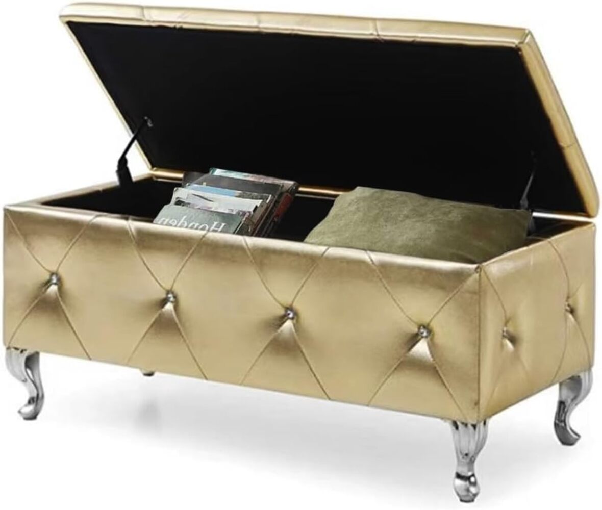 BAKAJI Aufbewahrungsbox Pouf Fußstütze, Schlafzimmer, Bank, Hocker, Gestell aus Holz, Bezug aus Kunstleder, gesteppt mit Kristallen, Beine aus Metall, modernes Design (Gold) Bild 1