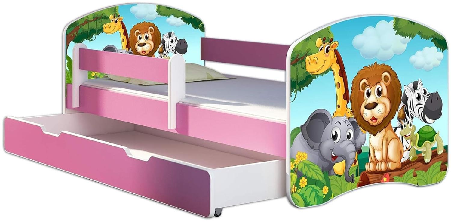 Kinderbett Jugendbett mit einer Schublade und Matratze Rausfallschutz Rosa 70 x 140 80 x 160 80 x 180 ACMA II (02 Animals, 70 x 140 cm + Bettkasten) Bild 1