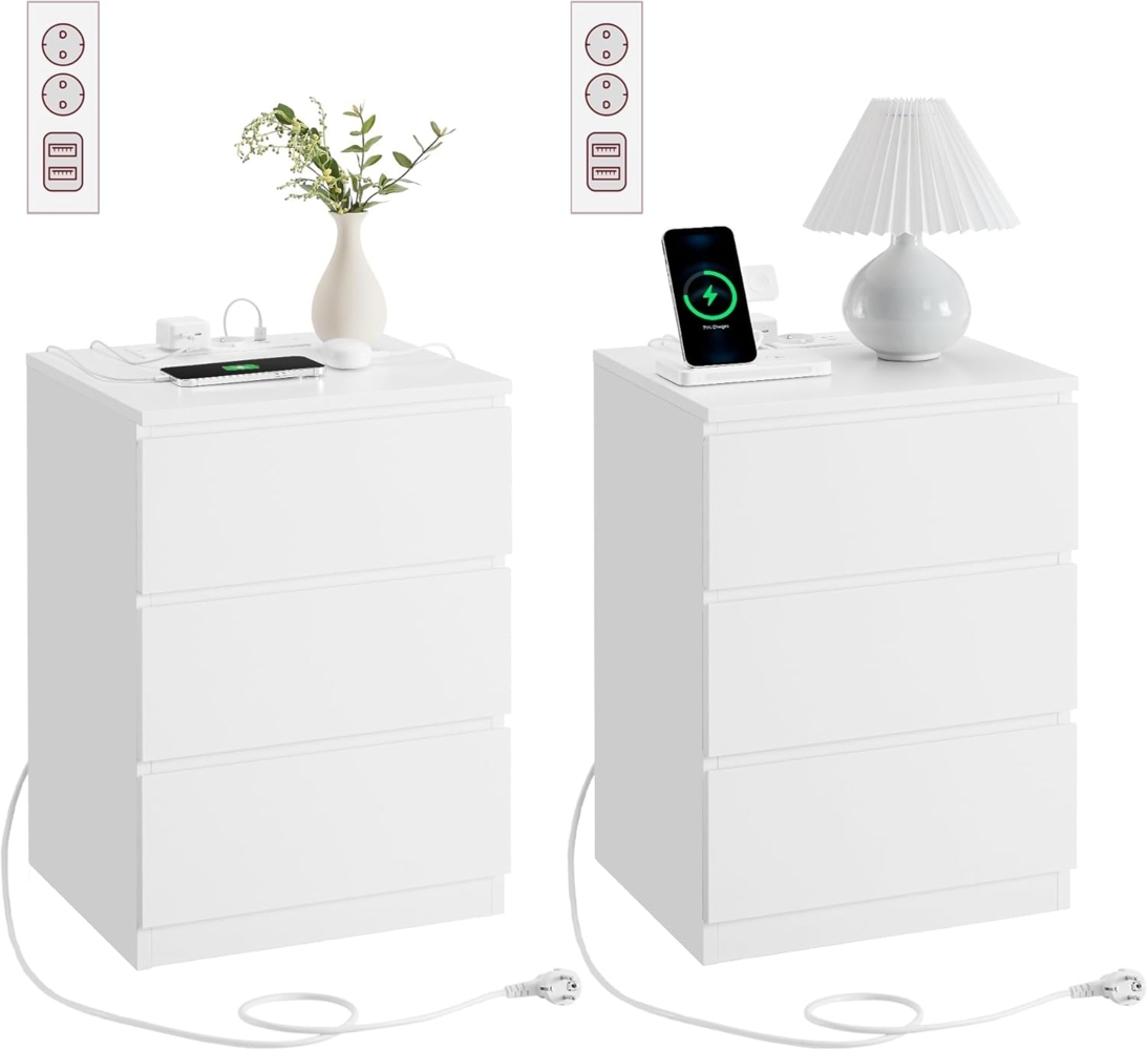 'Vasagle' Nachttisch mit 3 Schubladen (2er Set), 2 AC-Steckdosen / 2 USB-Anschlüsse, Holz wolkenweiß, 59 x 35 x 40 cm Bild 1