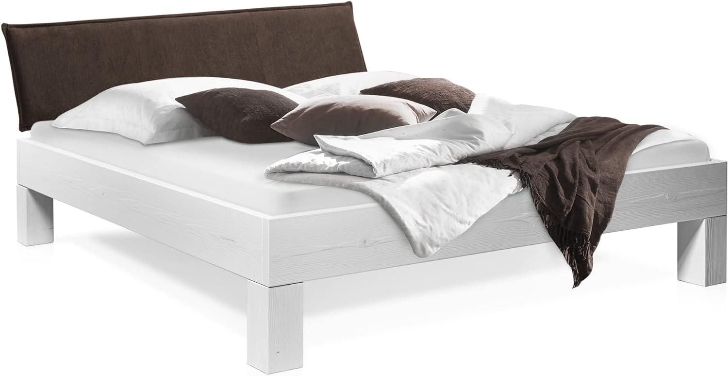 Möbel-Eins LUKY 4-Fuß-Bett mit Polster-Kopfteil, Material Massivholz, Fichte massiv weiss 90 x 200 cm Stoff Braun Bild 1