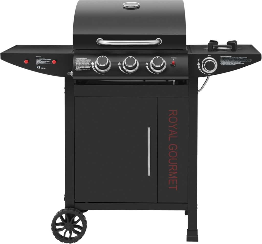 Royal Gourmet Gasgrill 3+1 Brenner Grillwagen mit 11,5 kW, Campinggrill mit Seitenbrenner, Outdoor Gas Grill inkl. Haken, Unterschrank für Balkon, Party Schwarz Bild 1