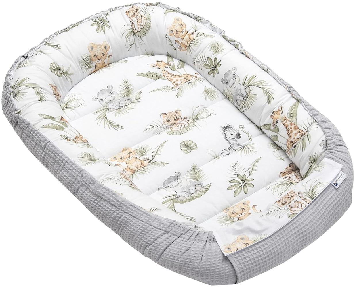 Medi Partners Babynest Kuschelnest Babynestchen 100% Baumwolle Waffle Nestchen Reisebett für Babys Säuglinge 100x60x15cm Sicherer Verschluss (‎Safari mit Grauer Waffel) Bild 1