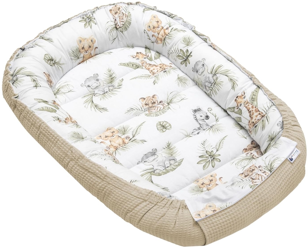 Medi Partners Babynest Kuschelnest Babynestchen 100% Baumwolle Waffle Nestchen Reisebett für Babys Säuglinge 100 x 60 x 15 cm Sicherer Verschluss (‎Safari mit Grauer Waffel) Bild 1