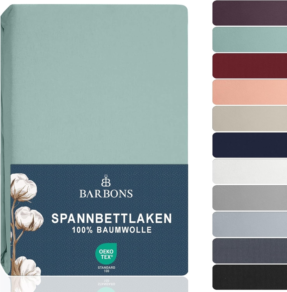 BARBONS Spannbettlaken 120x200 cm - 100% Baumwolle Spannbetttuch Oeko-TEX Zertifiziert Bettlaken Jersey Bettwaren und Bettbezug für Boxspringbett und Dicke Matratzen bis 27 cm - Grün 120x200 Bild 1