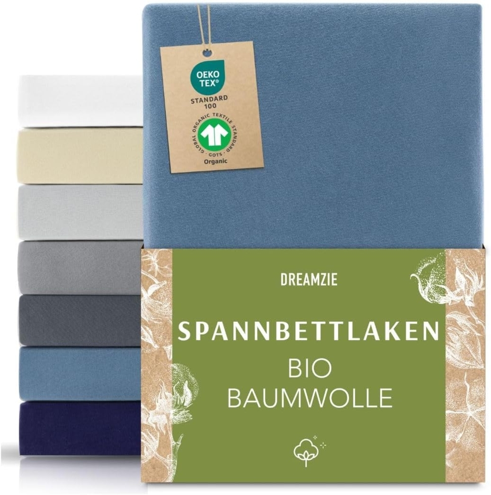Dreamzie Premium Spannbettlaken 90x200 cm bis 100x200 cm Blau, Spannbetttuch aus 100% Jersey Biobaumwolle, 150 g/m² - Oeko-TEX Bild 1