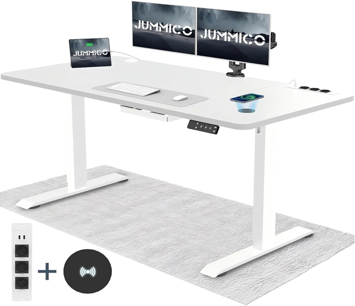 JUMMICO Höhenverstellbarer Schreibtisch mit Kabelloser Ladestation und Euro-Steckdose mit USB, Schreibtisch Höhenverstellbar Elektrisch Stehtisch, Standing Desk (Weiß 160x80 cm) Bild 1